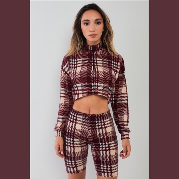 Burgundy Striped Plaid Cropped Short Set - Picture 2 of 8